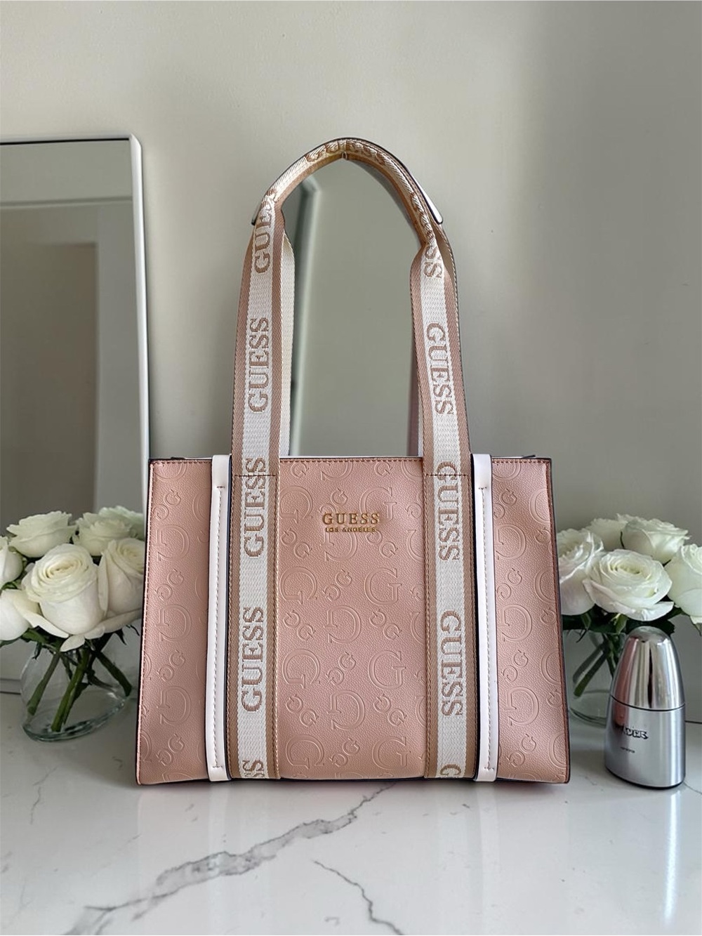 Guess Taupe Oxnard Logo Leather Tote Bag